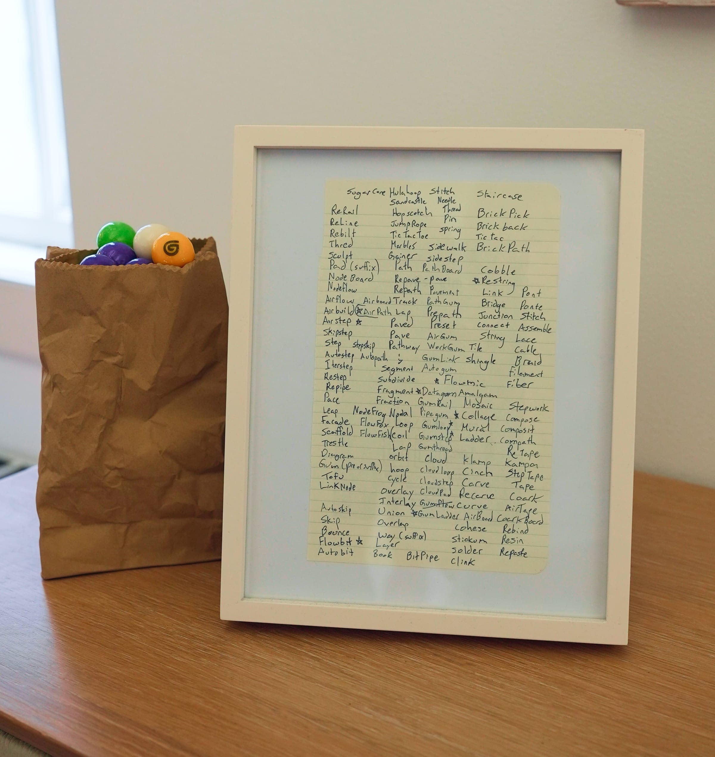 The framed handwritten shortlist of names from before Gumloop was named, beside a bag of gumballs